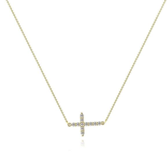18K Gold Plated Women's Side Cross Cubic Zirconia Necklace Waterproof Jewelry - Picture 1 of 10